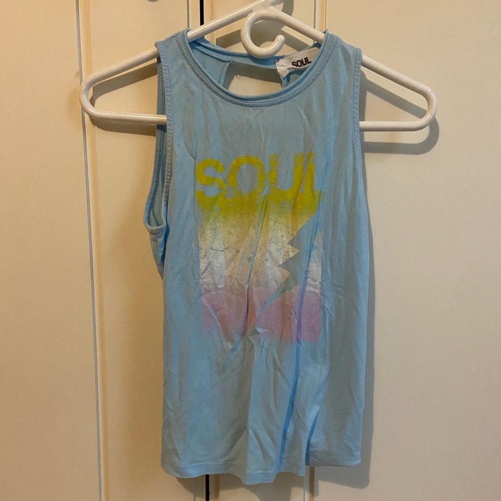 Open back blue Soulcycle tank top